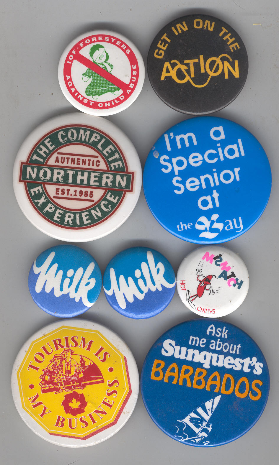 ADVERTISING BUTTONS 9 PIECE COLLECTION 1980&#39;S MILK ACTION BARBADOS BAY F... - $14.75