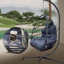 Swing Egg Chair with Stand Indoor Outdoor Wicker Rattan Patio Basket - Black - £215.67 GBP