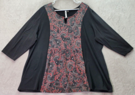 NY Collection Blouse Top Women&#39;s Size 3X Black Paisley 3/4 Sleeve Keyhole Neck - £16.71 GBP