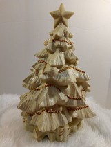 Ceramic Off White and Gold Christmas Tree with Presents Figurine - £19.46 GBP