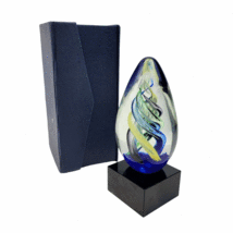 Egg Shaped Art Glass Sculpture on Stand Hand Blown Contemporary Swirl 7&quot; w/ Box - £31.94 GBP