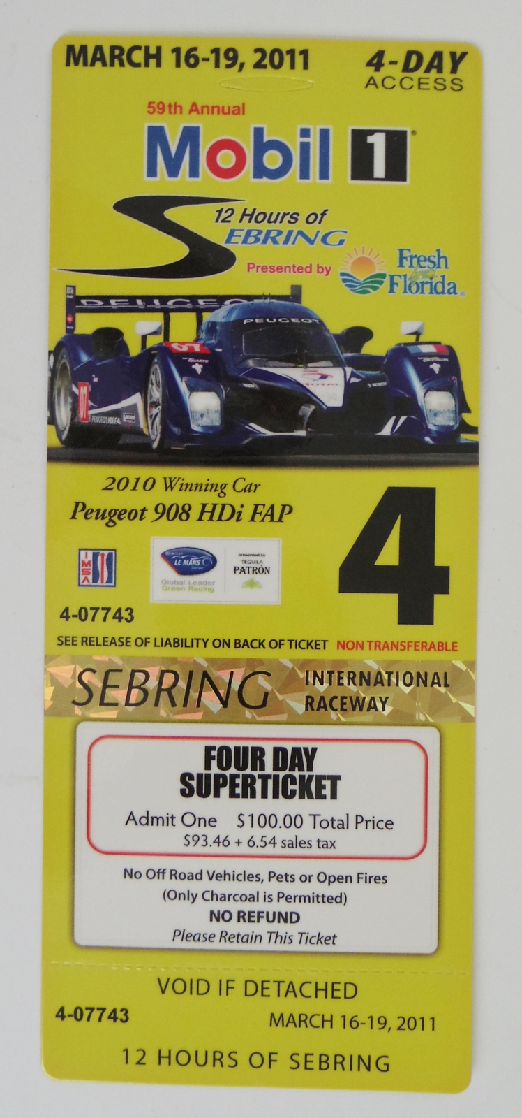 2011 American Le Mans Mobil1 12 Hours of Sebring Ticket Peugot 908 IMSA - $2.29