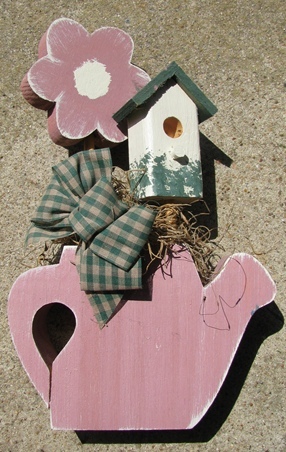   782BD - Mauve Daisy Birdhouse - Teapot Wood with gingham bow and moss - $9.95