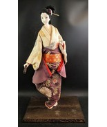 Japanese Geisha Doll 16&quot; Hand-Made Traditional Kimono &amp; Fan On Wood Stan... - $96.74 CAD
