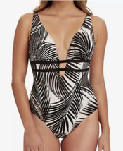 Swim Solutions Swaying Palms Plunge One Piece Swimsuit Black Size 14 - £77.87 GBP