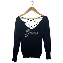 Guess Sweater Womens Small Black Jeweled Spell Out V Neck Strappy Back R... - $25.73