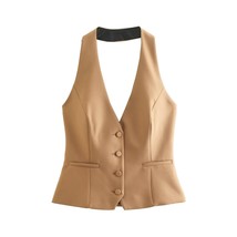 Zevity Women Fashion Solid Color Sleeveless Slim Vest Blouse Office Lady Backles - £46.63 GBP