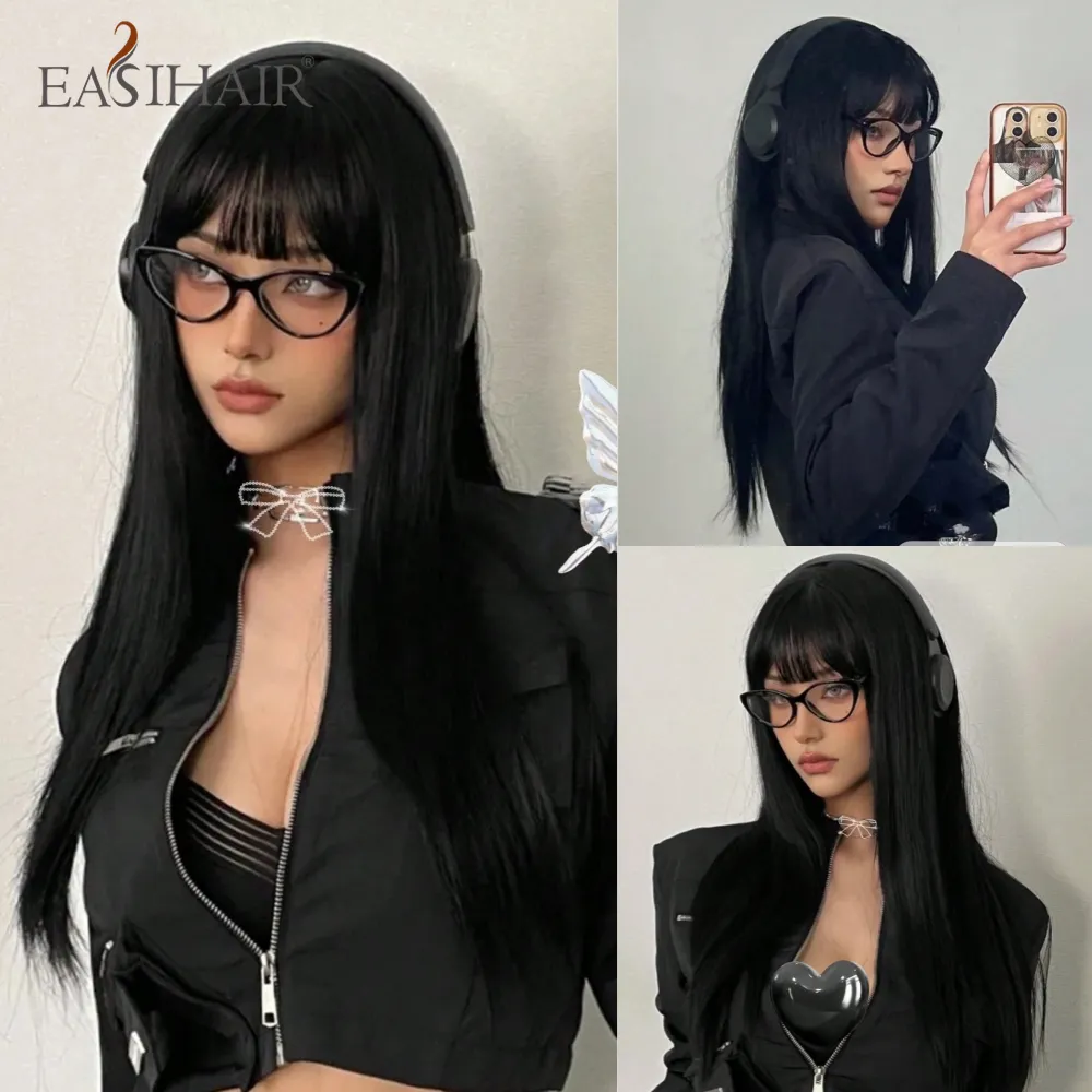 EASIHAIR Long Silky Straight Synthetic Wigs with Bangs Black Cosplay Par - £15.34 GBP+