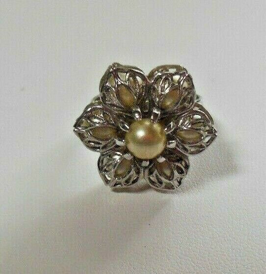 Vintage Signed EMMONS Silver-tone Ring Faux Pearl Floral Size 7 Adjustable - $34.65