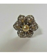 Vintage Signed EMMONS Silver-tone Ring Faux Pearl Floral Size 7 Adjustable - €29,88 EUR