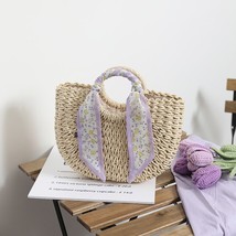 Summer Handmade Woven Rattan Straw Bag Round Handle Purple Half Moon Shaped Tote - £80.73 GBP