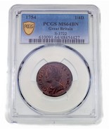 1754 Great Britain 1/4D Farthing S-3722 Graded by PCGS as MS-64 Brown - $1,342.57 CAD