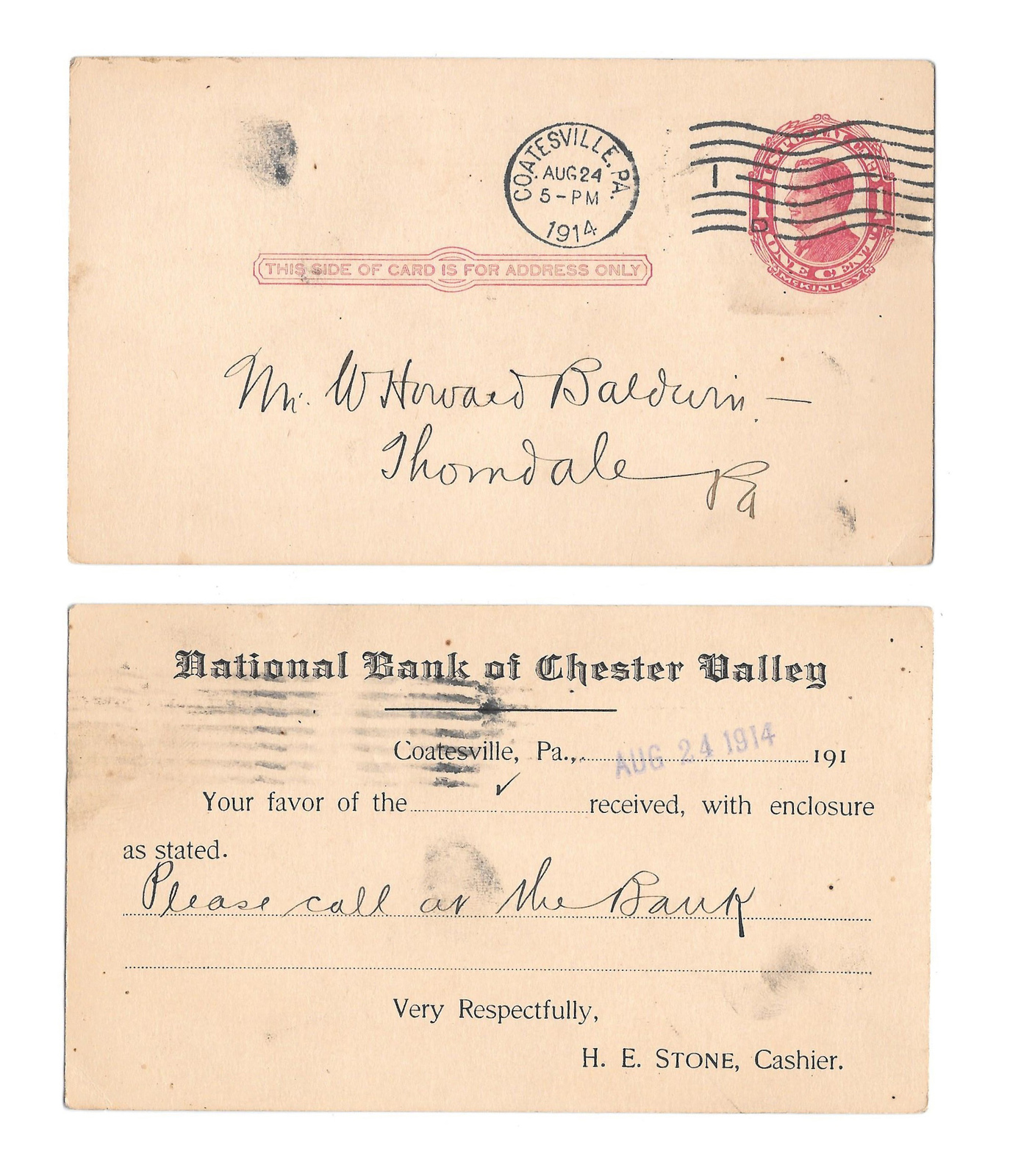 Primary image for 1914 UX24 Coatesville PA International Machine Cancel Preprint Bank Postal Card