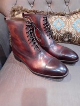 Handmade Men&#39;s Brown Cowhide Leather Round Cap Toe Lace up Ankle Boots, - $148.49+