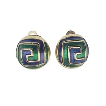 Vintage Green Blue Enamel Gold-Tone Domed Button Clip On Earrings Unsigned  - $9.49