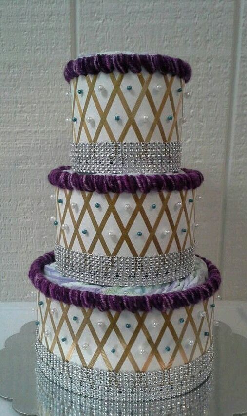 Purple and Teal Bling Baby Girl Shower 3 Tier Diaper Cake Table Centerpiece Gift