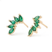 Green Leaf Stud Earrings, Cubic Zirconia Stud Earrings, Marquise Earrings, Real  - £24.27 GBP