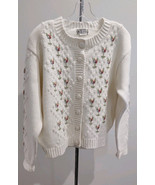 Evian LTD Off-white/Cream Cardigan Flowers Button Knit Sweater Large Cot... - $17.77