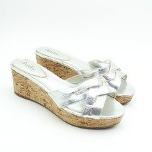 Charles by Charles David Silver Faux Leather Slip-on Cork Heel Wedge Sandals 8 - £15.87 GBP