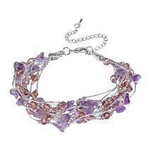 Elegant Layers of Purple Amethyst w/ Crystal Accents on Silk Thread Bracelet - £15.44 GBP