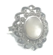 Vintage Marcasite MOP Ring Cocktail Mother of Pearl Sterling Silver Size 8.50 - £44.91 GBP