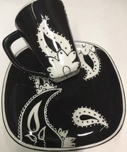 Rare N-D 4 Salad Plates &amp; 3 Mugs Black White Hand-Painted ND Ceramic Din... - $74.70