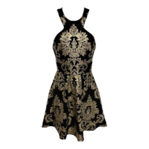 B. Darlin Womens Fit &amp; Flare Dress Black Gold Baroque Open Back Sleeveless 3/4 - £21.79 GBP