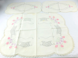 Vintage Embroidered Table Runner Set Of 3 Dresser Scarf  20&quot; 14&quot; Doily F... - £13.26 GBP