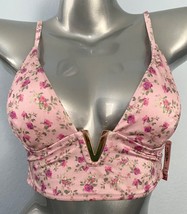 Victorias Secret Bikini Top Nwt Pink Floral Gold V Long Line Swim Bikini Top, L - £16.93 GBP