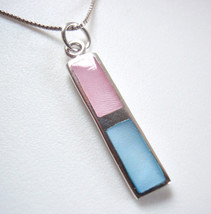 Pink &amp; Blue Mother of Pearl 925 Sterling Silver Necklace Long Slim Rectangle Bar - £24.19 GBP