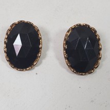Vintage Stud Earrings Beveled Black w/ Gold Tone 1 Inch Oval - $14.82