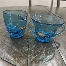 Vtg WV Heritage Blue Crackle Handblown Glass Sugar and Creamer Set. 3.25&quot; - $39.59