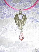 Engraved Pewter Eagle W Pink Crystal Droplet Dangle Pendant Necklace - £25.55 GBP