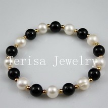 Charming!Pearl+Agate AA 8-9MM White Genuine Freshwater Pearl+Black Agate Elastic - £29.73 GBP