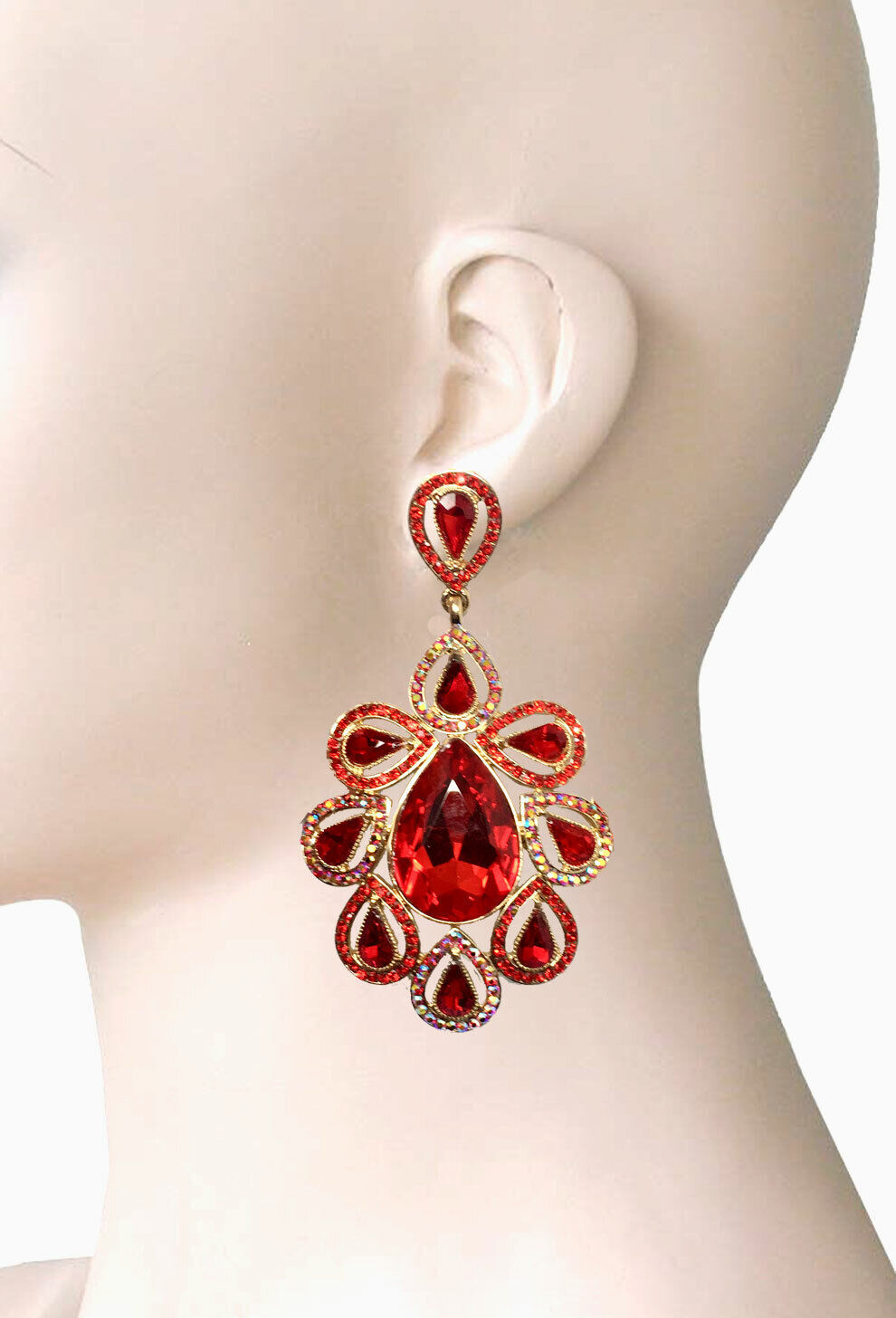 3.75" Long Red AB Crystal Rhinestone Statement Evening Clip-On Earring Pageant - $23.75