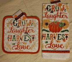 AUTUMN theme KITCHEN SET 2-piece Towel Potholder Grow Laughter Harvest Love NEW