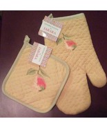 OVEN MITT POTHOLDER SET 2-pc with Embroidered Pear Fruit Yellow Green - £7.96 GBP