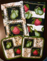 APPLE PEAR KITCHEN SET 4-pc Towels Pot Holders Fruit Apples Pears Green Red NEW