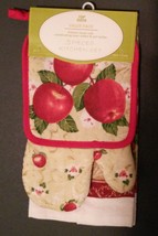 APPLE KITCHEN SET 3-pc Towel Potholder Mitt Red Country Fruit Flowers NEW