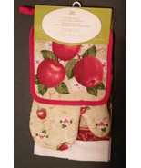 APPLE KITCHEN SET 3-pc Towel Potholder Mitt Red Country Fruit Flowers NEW - £8.85 GBP