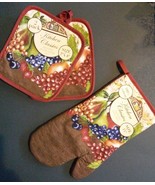 FRUIT theme OVEN MITT POTHOLDERS 3-pc Set Brown Red Grapes NEW - £8.75 GBP