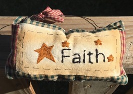  99280f Faith Primitive Mini Pillow with gingham ribbon Hnags by wire - $2.95