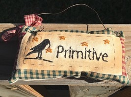  99280P  Primitive Mini Pillow with gingham ribbon Hnags by wire - $2.95