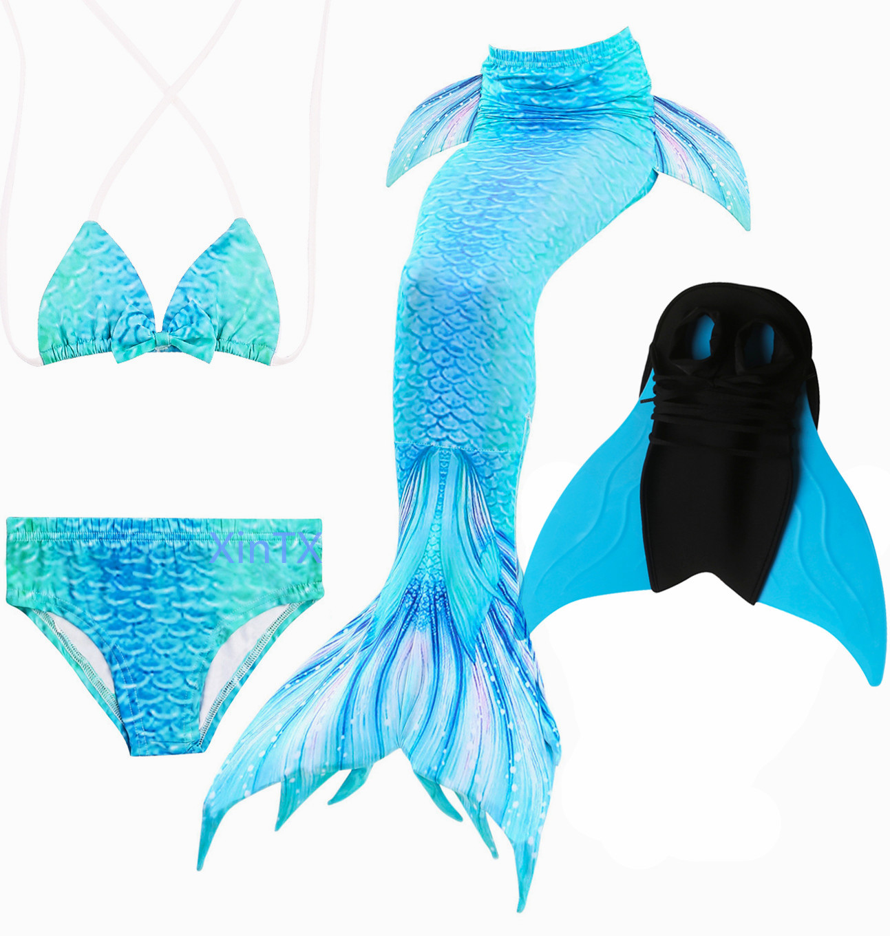 HOT!Kids Mermaid Tail With Monofin Fancy Girl Royal Blue Swimsuit Bikini Costume