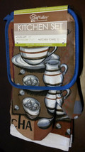 COFFEE KITCHEN SET 5-pc Towel Potholder Oven Mitt Cloths Brown Blue Cafe Mocha