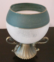 GLASS CANDLE HOLDER Frosted Sphere Green with Brass Metal Base