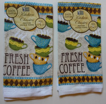 Kitchen Towels, Set of 2 "Fresh Coffee" Cafe Cups Terry Cotton Bistro