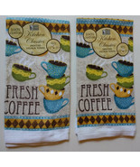 Kitchen Towels, Set of 2 &quot;Fresh Coffee&quot; Cafe Cups Terry Cotton Bistro - £7.98 GBP