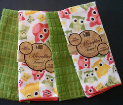 OWL KITCHEN TOWELS Set of 4 Microfiber Colorful Owls Green Bird NEW
