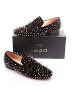 Men FERUCCI Black Velvet Slippers Loafers Flat With Gold Spikes Rivets - £157.52 GBP